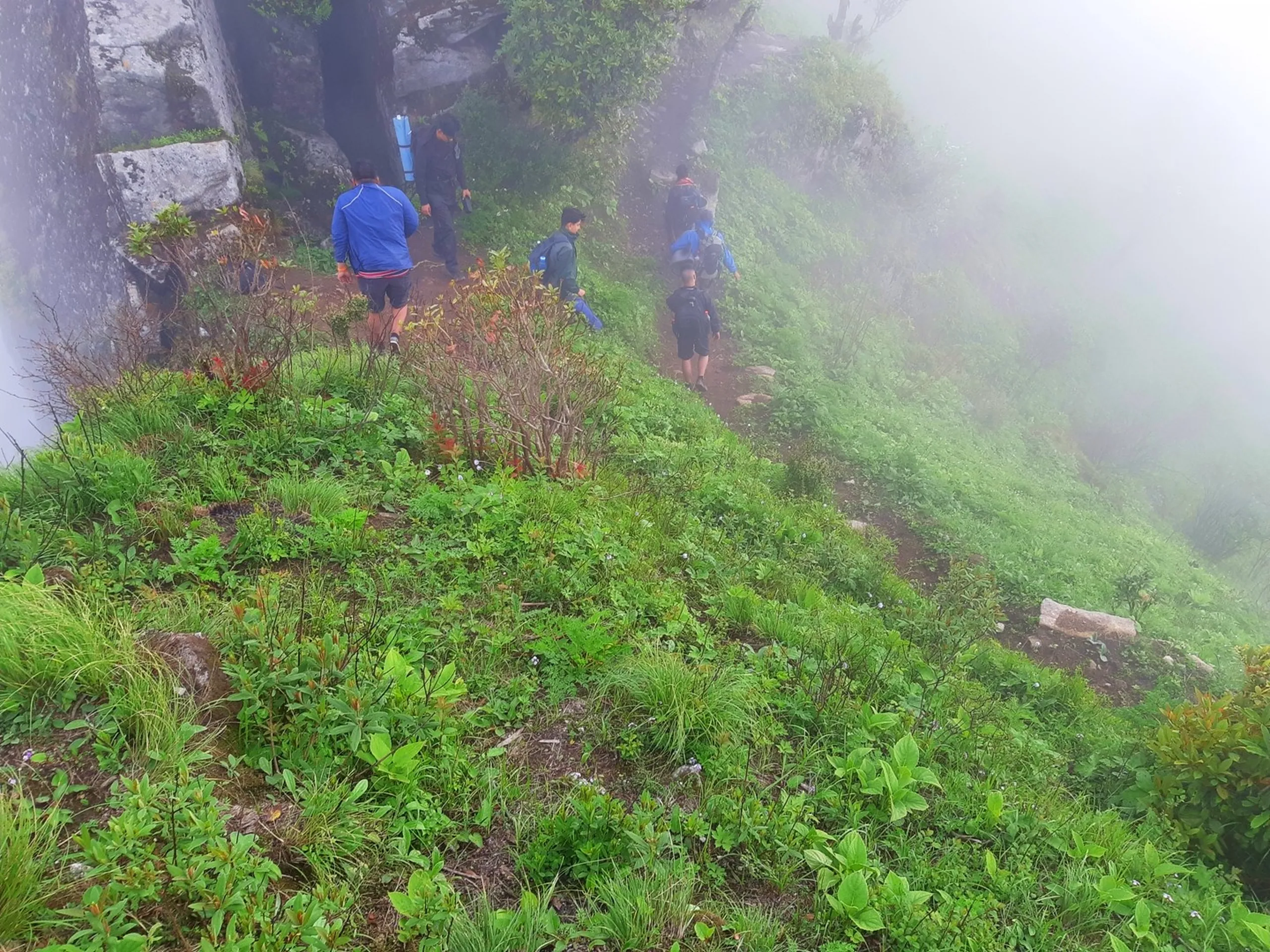 Photo of a group of young hikers walking single-file along a green grassy mountain ridge trail descending from large grey boulder formations, wearing backpacks, blue and navy jackets, and carrying water bottles and rolled sleeping mats. Thick white fog rolls in from the right side of the frame, partially obscuring the trail ahead and creating a dramatic atmospheric effect against the lush green hillside vegetation. This captures the misty ridge trail descent at Bethanchowk highest point, Nepal Himalayan group trekking, foggy mountain hiking adventure, scenic ridge walk Kathmandu hills.