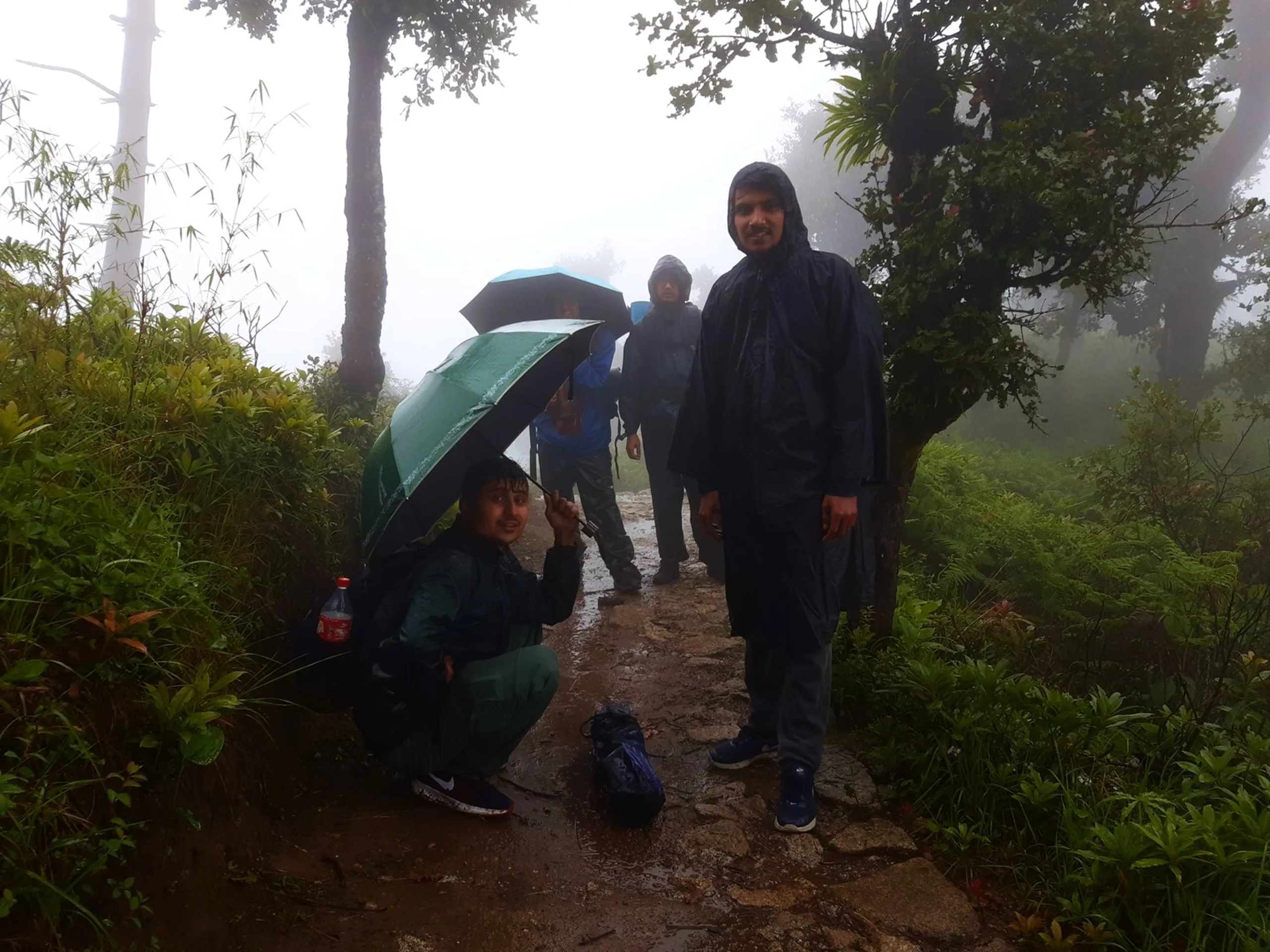 Group photo of four hikers taking a break on a misty forest trail at Bethanchowk, with two friends in the foreground sheltering under green and blue-patterned umbrellas, one crouching wearing a dark green rain jacket with a Coca-Cola bottle visible, and a man in a black rain poncho standing nearby smiling. In the background, another hiker in a blue jacket with backpack and rolled item stands near tall bamboo and oak trees shrouded in bright white fog. This captures a rainy rest stop during Bethanchowk forest trekking descent, Nepal monsoon hiking break, Himalayan misty forest trail, group adventure rain gear Kathmandu hills.