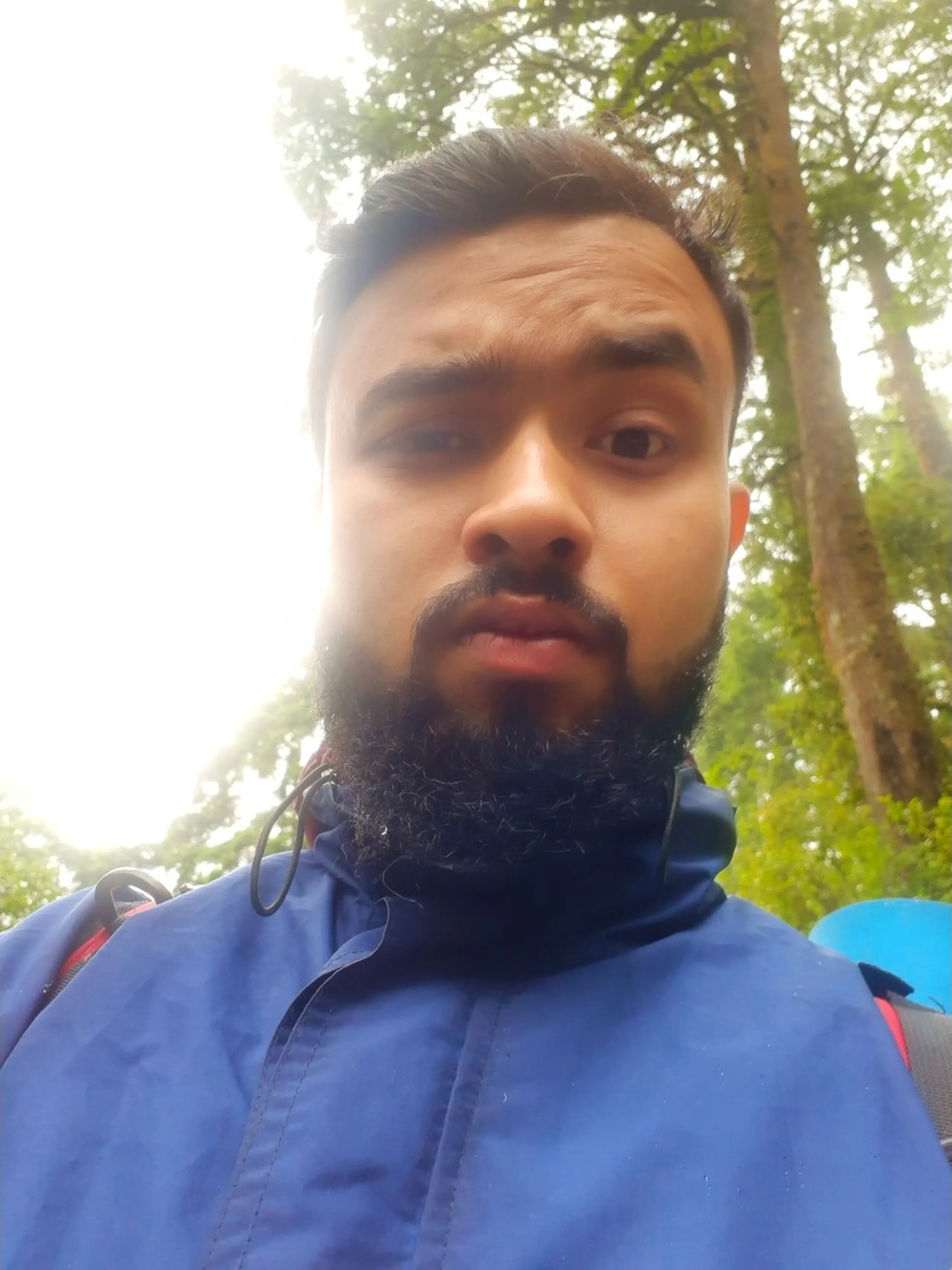 Close-up selfie portrait of a bearded young man wearing a navy blue rain jacket with a red backpack strap visible, looking at the camera with a slightly puzzled expression, standing in front of tall pine and cedar trees with bright overcast sky behind, with a blue rolled item visible at the bottom right edge. This captures a candid forest portrait during the Bethanchowk trekking journey, Nepal Himalayan adventure travel photography, pine forest hiking portrait, monsoon trekking memories Kathmandu hills.