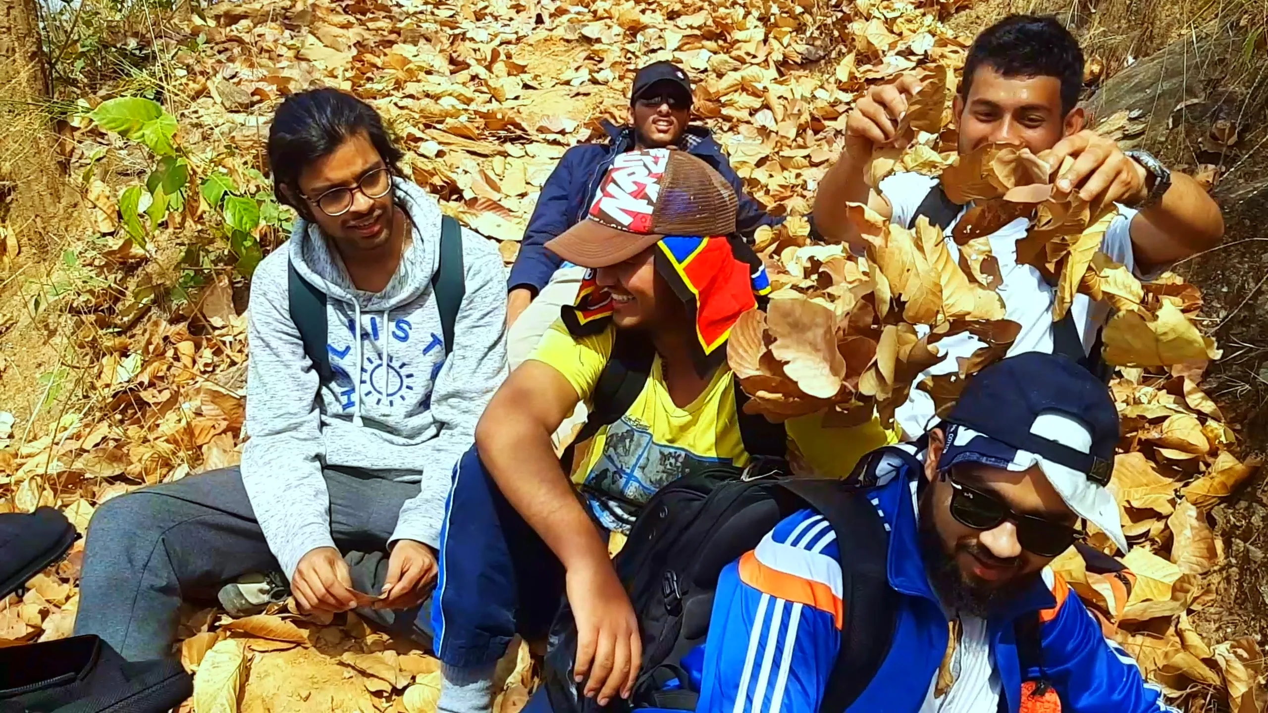 Four young men rest on a forest floor completely blanketed in dry, fallen brown and golden autumn leaves. They sit or lounge in various casual positions - some leaning back on their hands, one holding up a large dry leaf or piece of bark and examining it. Their clothing is relaxed and varied: a grey hoodie, a yellow t-shirt, a cap. The forest around them is warm and dry - the trees above them bare or thinly leaved, the light filtering softly through. The mood is completely relaxed - this is a trail rest stop, a moment of stillness and companionship in the middle of a long walk, surrounded by the crinkle and warmth of autumn leaves.