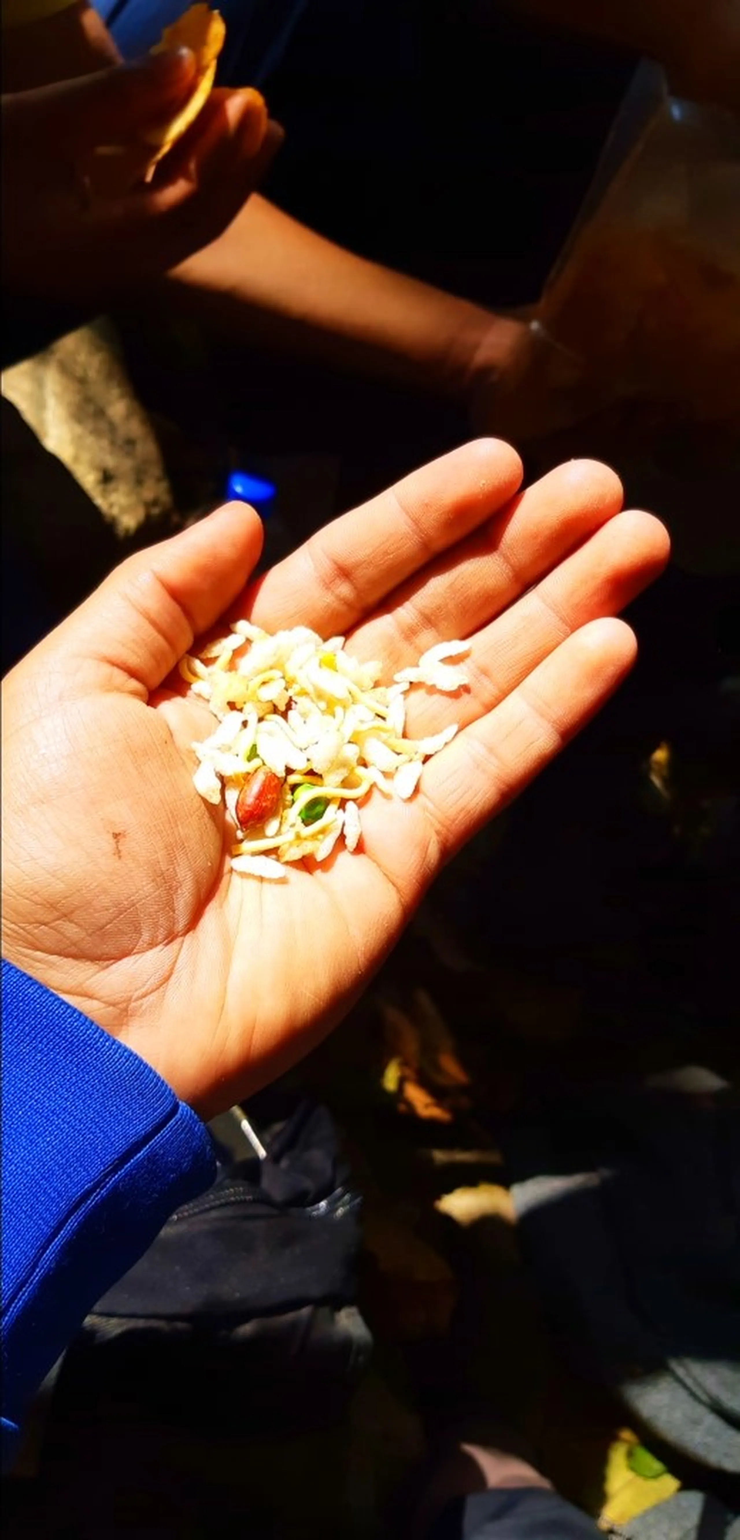 A close-up of an open palm held outstretched, cupping a small pile of tiny white and cream-colored flower petals or seeds, with one or two reddish-brown pieces mixed in. The hand belongs to someone wearing a bright blue sleeve. The background is very dark and blurred, with faint silhouettes of other people and a hint of another hand holding something orange in the upper right corner.