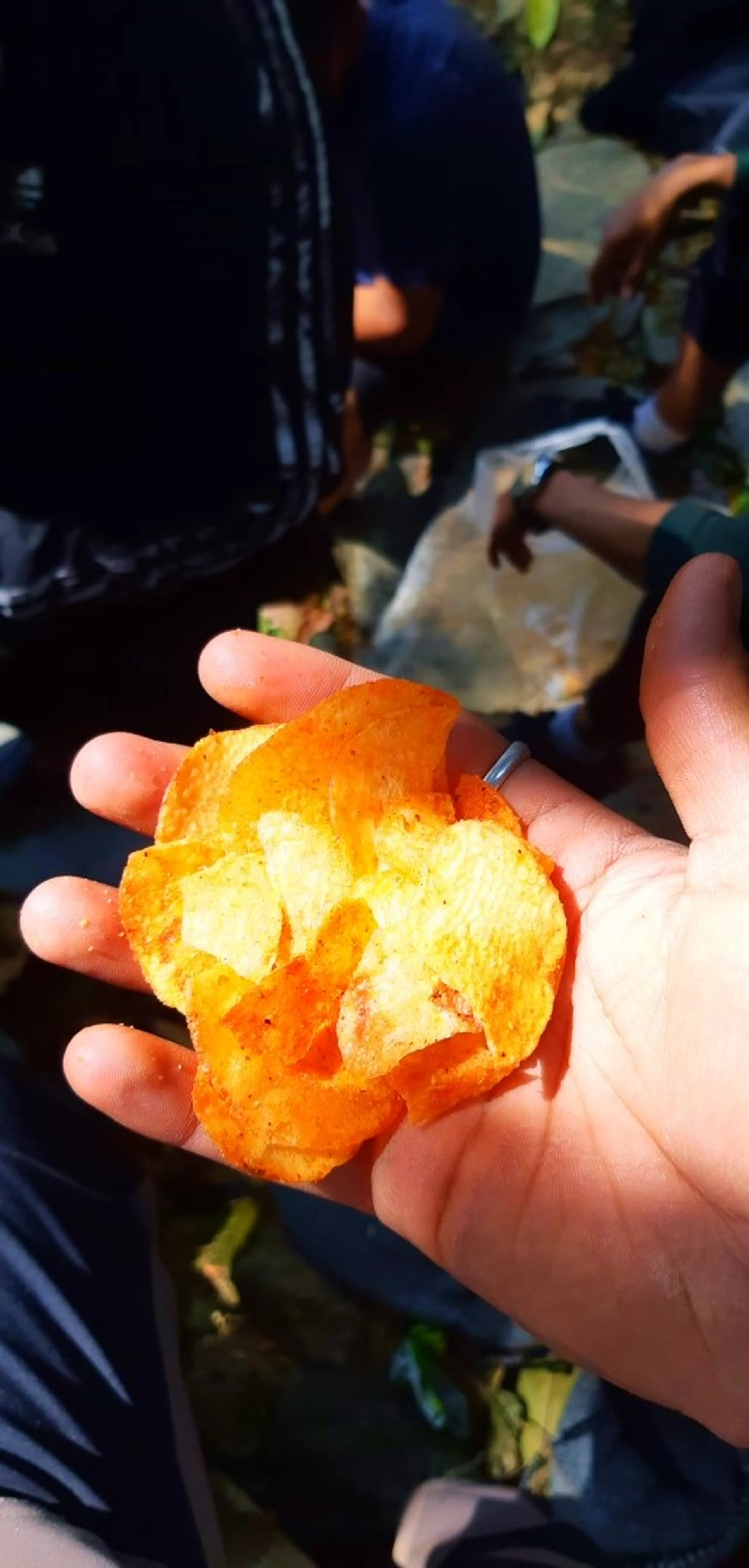 A hand held open and flat, displaying a single large, crinkled orange potato chip or crisp, catching sunlight so it appears almost translucent and glowing. The chip is irregularly shaped and deeply curved. The background shows blurred figures of people and green foliage in a semi-outdoor setting.