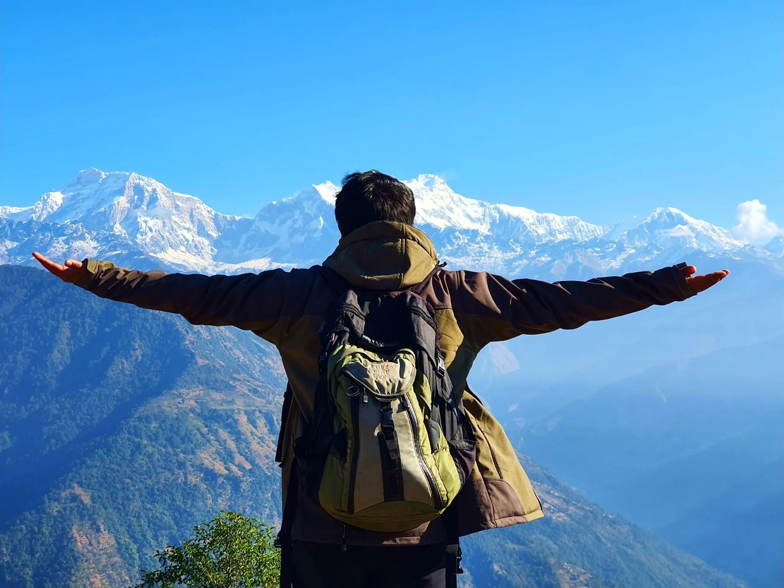 One of the most iconic and emotionally powerful photographs of the entire trek - a rear-facing portrait of a young South Asian man standing at the edge of the Ghale Gaun mountain viewpoint in Lamjung District, Nepal, with both arms stretched wide open like wings, completely facing away from the camera toward the vast Himalayan panorama in front of him. He wears a dark brown and olive-green trekking jacket with the hood up, and carries a compact The North Face branded olive-green daypack on his back. The entire upper half of the frame is filled with the spectacular close-range view of the Annapurna Himalayan range - a wide sweeping arc of heavily glaciated, jagged white snow peaks dramatically lit by bright morning sun against a flawless deep blue sky, with layers of green and golden forested mountain ridges and hazy valleys spread below. The image powerfully conveys freedom, awe, and the emotional peak of a Himalayan trek. Keywords: arms wide open Annapurna Nepal, freedom Himalaya Nepal trekking photography, Ghale Gaun summit inspiration photo, rear view trekker Annapurna range, Nepal mountain freedom moment, Annapurna Conservation Area iconic view, Himalayan trek triumph Nepal, North Face trekker Annapurna backdrop, Nepal adventure travel inspiration 2019, Ghale Gaun mountain panorama portrait.
