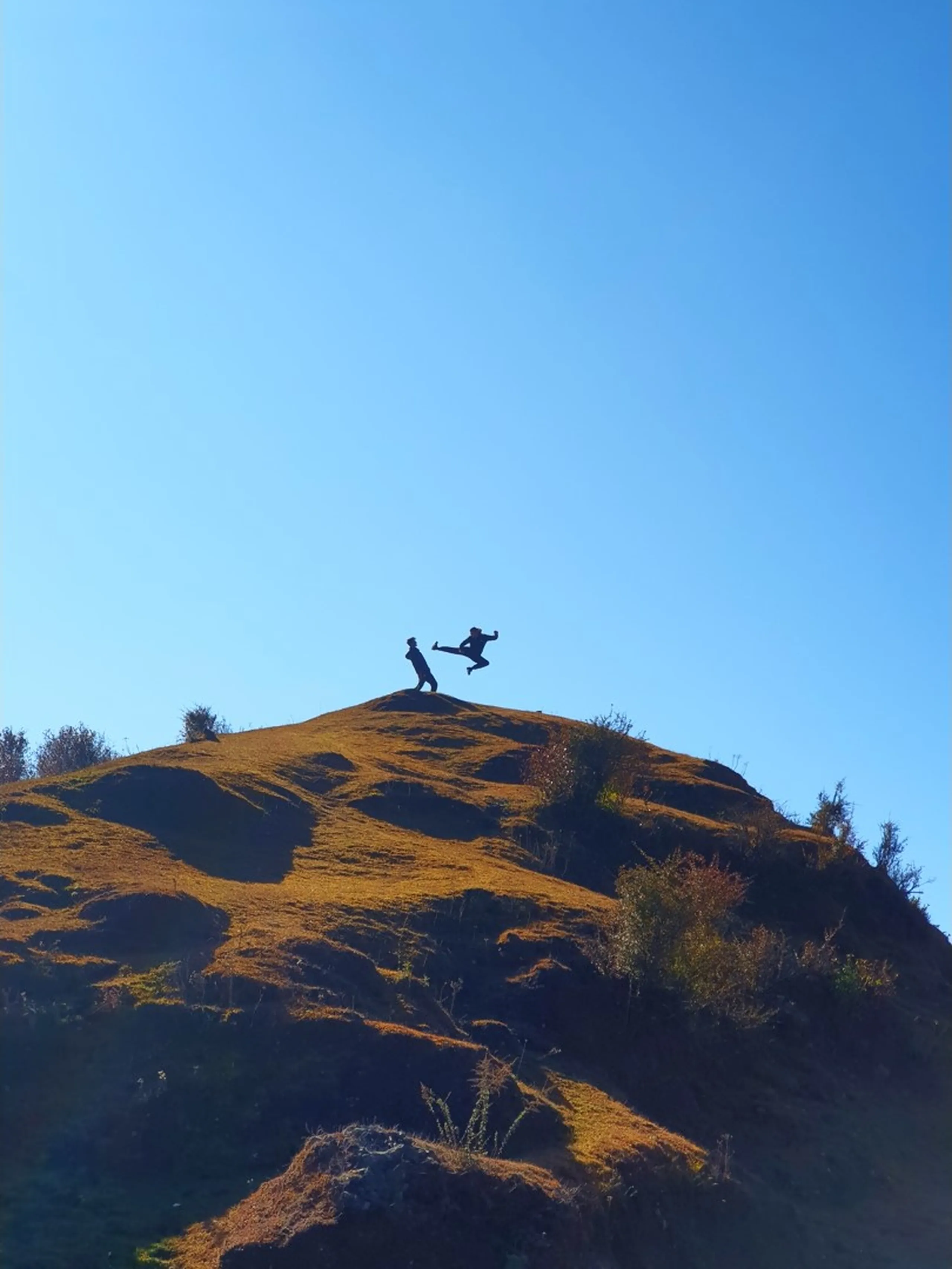 A breathtaking minimalist action photograph taken from a low angle looking upward at a grassy golden-brown hillside summit in the Ghale Gaun trekking area of Lamjung District, Nepal. Against a flawlessly clear, rich cobalt-blue sky occupying the top two-thirds of the frame, two tiny black silhouetted human figures stand atop the hill's peak - one appears to be standing still while the other is captured mid-leap with one leg kicked high in the air, creating a kung-fu-kick jumping silhouette. The grassy hill glows warm amber and golden-orange in the bright winter sunshine, with scattered dark shrubs visible along the hillside slope. The dramatic contrast between the playful leaping human silhouettes and the vast open blue sky above makes this one of the most visually striking and fun photographs of the trek. Keywords: silhouette jump Nepal mountain top, trekkers jumping hilltop Nepal, Ghale Gaun hilltop fun photo, silhouette blue sky Nepal Himalaya, jumping trekker Nepal mountain, Lamjung District hilltop silhouette, Nepal trek playful moment, adventure travel fun Nepal 2019, Annapurna region hilltop jump, Nepal trekking jump shot silhouette.