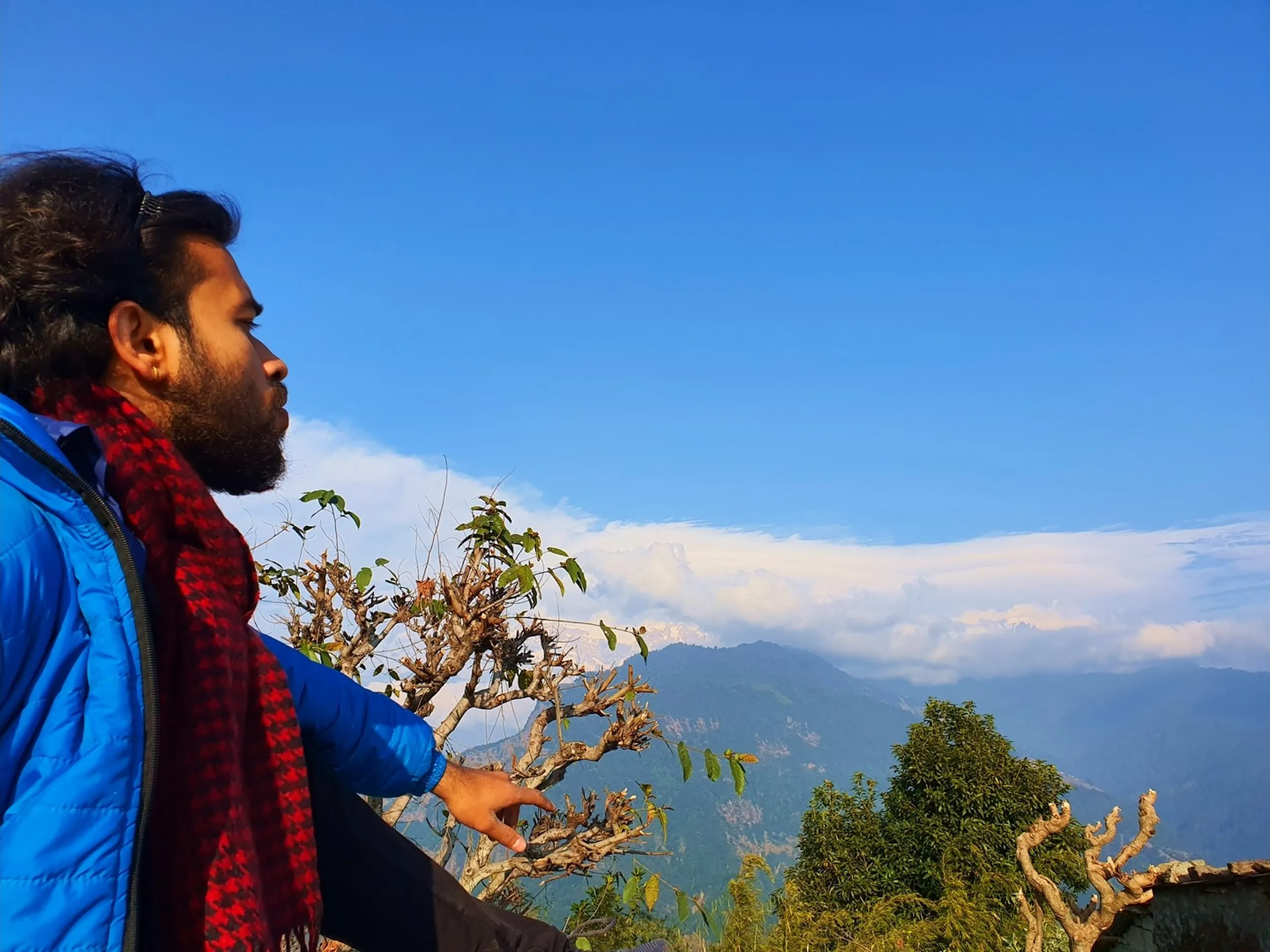 A bearded South Asian man in his early thirties, dressed in a vivid blue puffer jacket and a bold red and black houndstooth plaid scarf, stands in a side-profile pose gazing contemplatively into the far distance over a sweeping Himalayan mountain panorama near Ghale Gaun in Lamjung District, Nepal. His right arm rests against a bare-branched tree with sparse green leaves in the foreground. In the background, successive ridges of forested hills fade into haze, and above them the brilliant white snow-capped peaks of the Annapurna mountain range pierce through a bank of clouds in crisp morning light under a deep blue sky. The composition perfectly balances the human figure against the vast Himalayan wilderness. Keywords: Annapurna range snow peak view Nepal, Ghale Gaun viewpoint trekking, bearded trekker Nepal Himalaya, Lamjung District mountain panorama, Nepal Himalayan landscape photography, Annapurna Conservation Area trek viewpoint, snow capped mountain Nepal travel, blue puffer jacket mountain Nepal, Nepal trek December 2019 portrait.