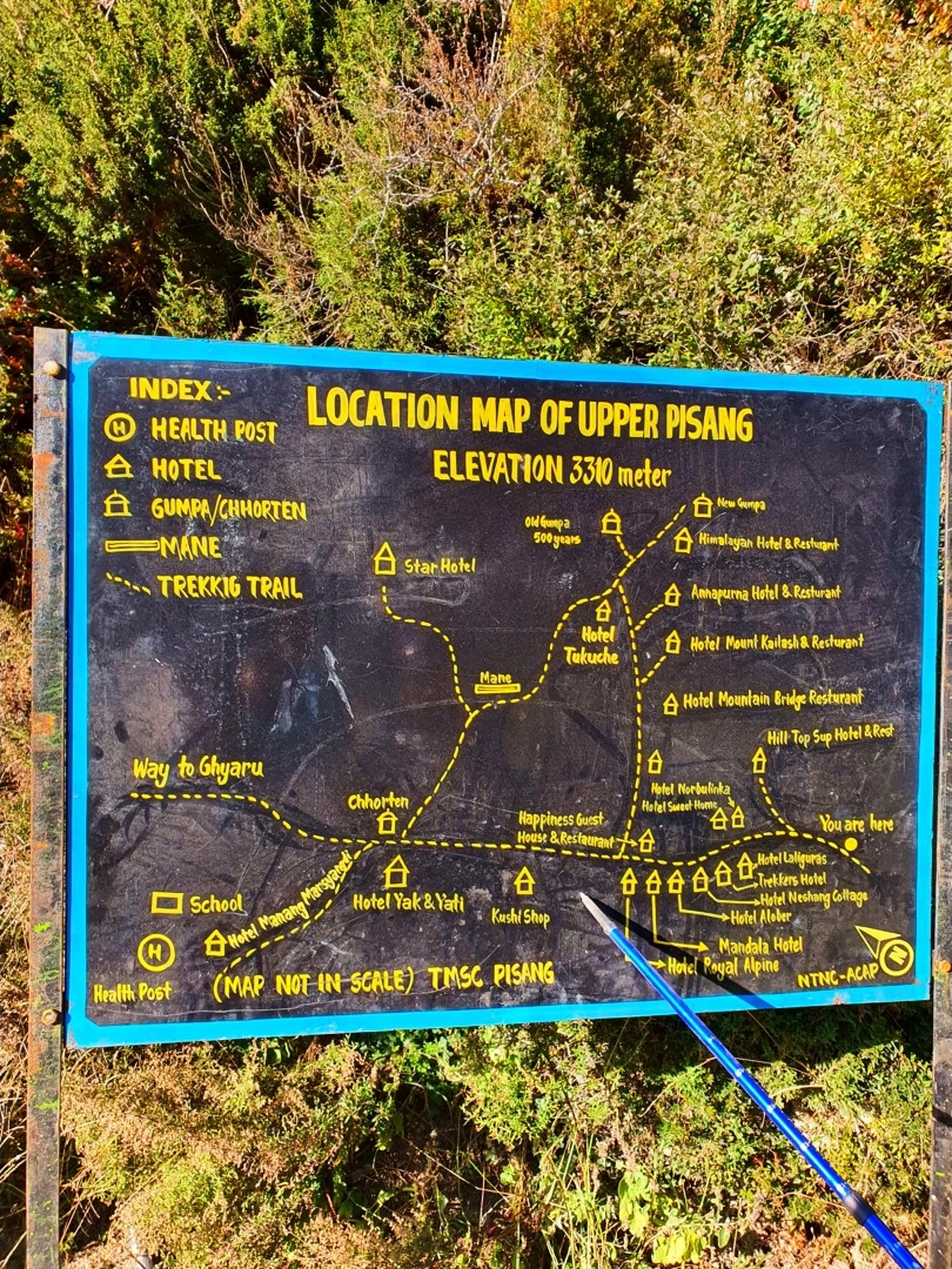 Location map signboard of Upper Pisang village at 3310 meters elevation on the Annapurna Circuit trek Nepal, hand-painted yellow text on dark board showing trekking trails, hotels, health post, gumpa, chhorten and mane walls, surrounded by autumn foliage - Upper Pisang Nepal map, Annapurna Circuit trail guide, Manang trekking information board