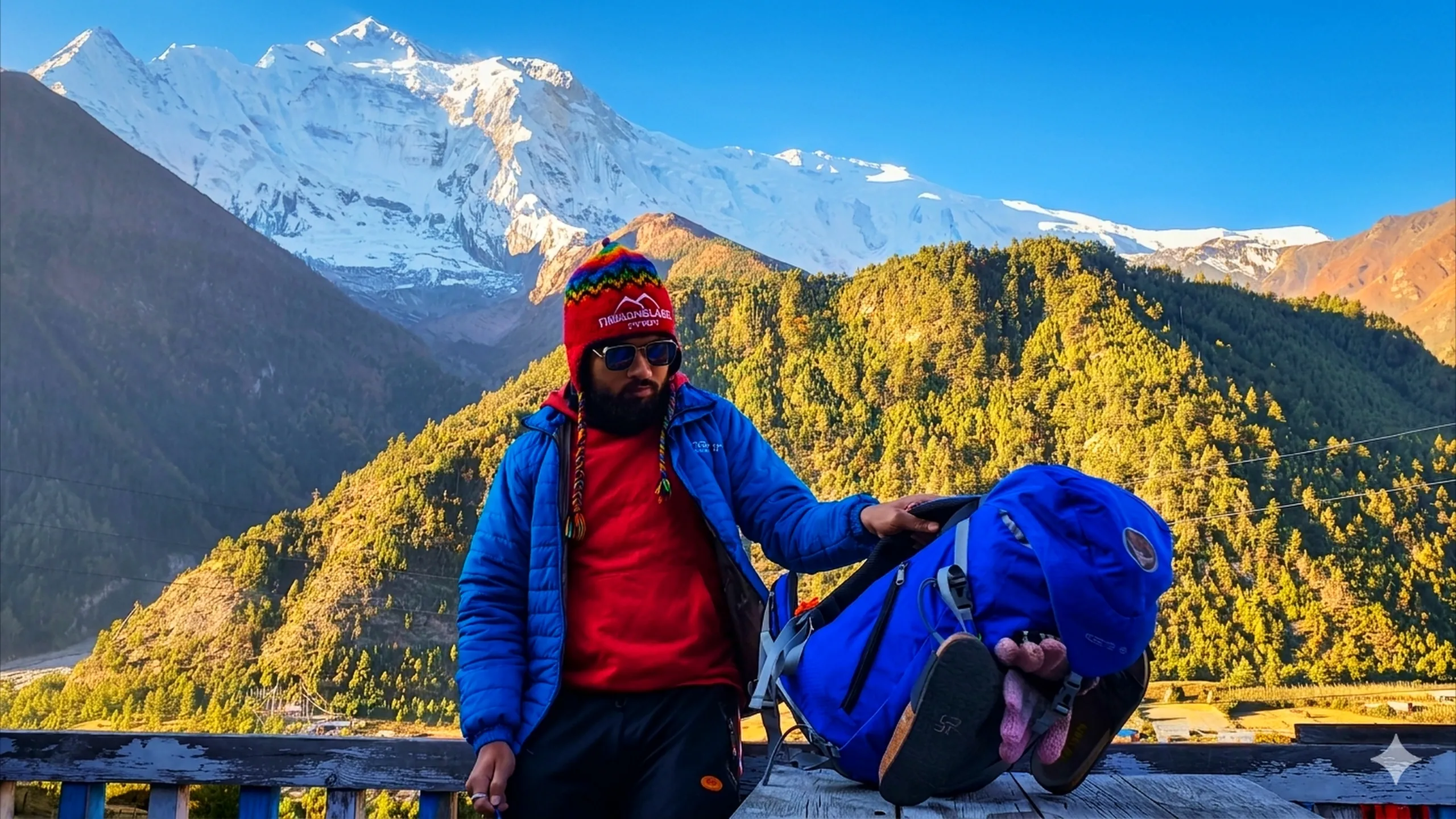 Male trekker with a beard in a red hoodie layered under a blue Columbia puffer jacket, wearing colourful Chullo braided hat and blue-tinted sunglasses, leaning on a weathered wooden railing beside a large blue trekking backpack; the snow-streaked Annapurna massif fills the sky under brilliant blue above autumn-golden pine forests - Annapurna Circuit packing Nepal, high altitude trekker gear, Manang Nepal adventure photography