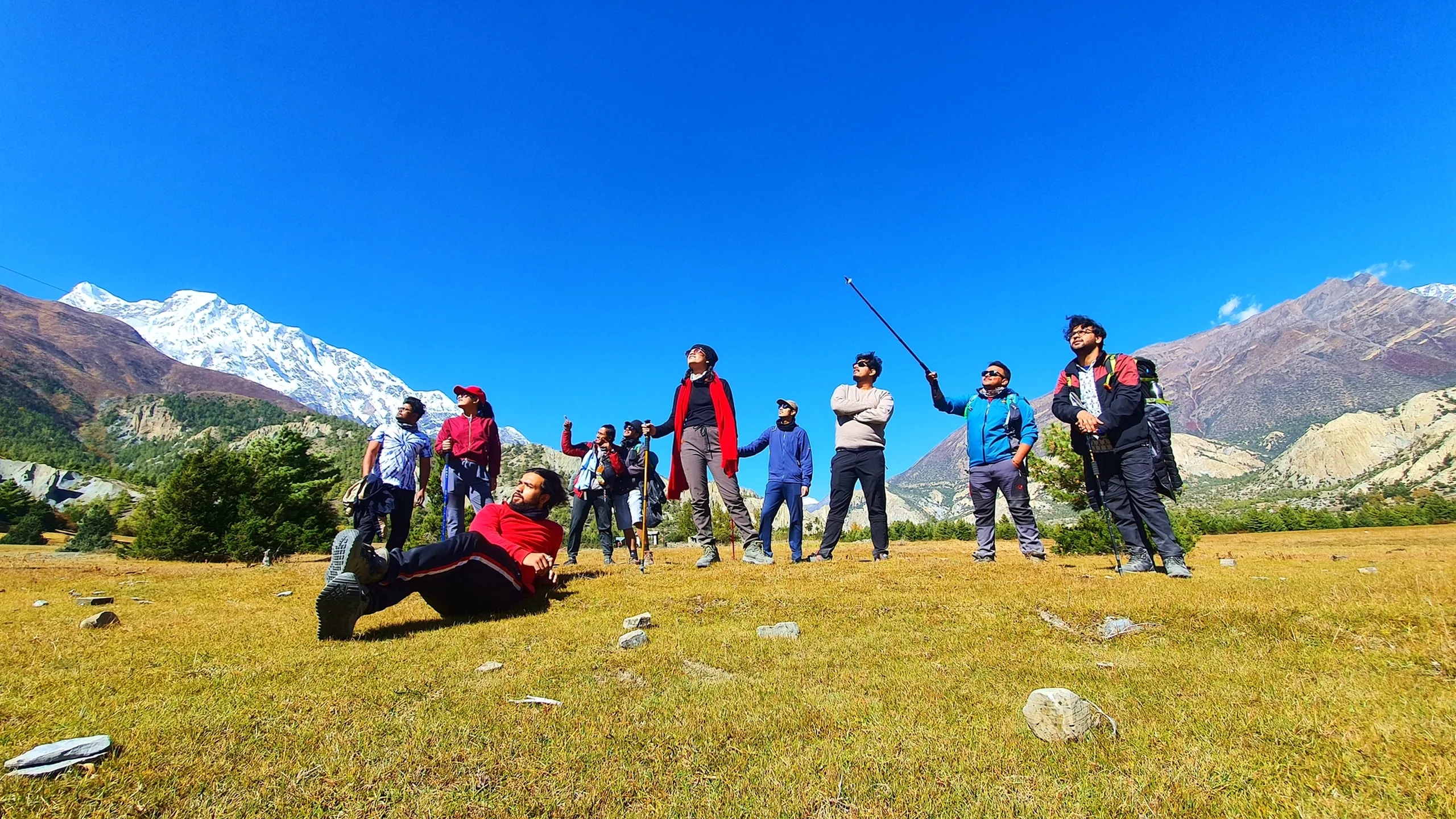 Dynamic wide-angle group photo of a full trekking crew on a high-altitude alpine meadow in Manang Nepal, one member lying on the ground in foreground in a red jacket, another extending a trekking pole skyward, all looking upward dramatically as if watching something soar above - Annapurna range and snow-capped peaks on the left, rocky Himalayan ridgeline on the right, brilliant blue sky above - Nepal trek group adventure, Annapurna Circuit fun group shot, Manang meadow trekkers