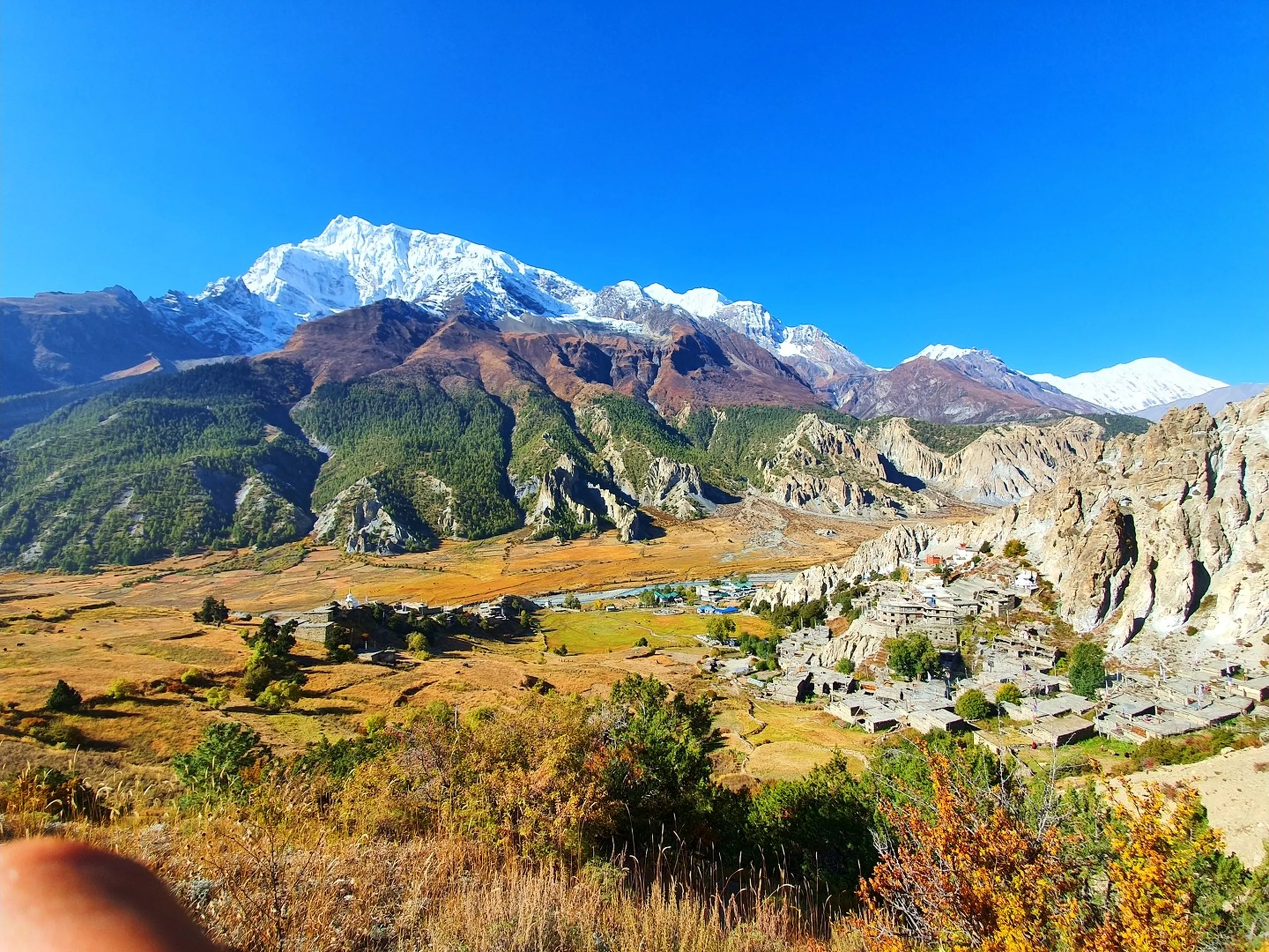 Back view of a male trekker in a black t-shirt printed with the words "One Trail To Rule Them All - www.thegreathimalayantrail.org" gazing toward a white Buddhist stupa on a golden hilltop in Manang Nepal, Annapurna snowfields rising directly behind the stupa under blue sky, a small stone shrine also visible on the ridge - Ice Lake Manang Nepal trail viewpoint, Great Himalayan Trail t-shirt, Buddhist stupa Manang hill Nepal