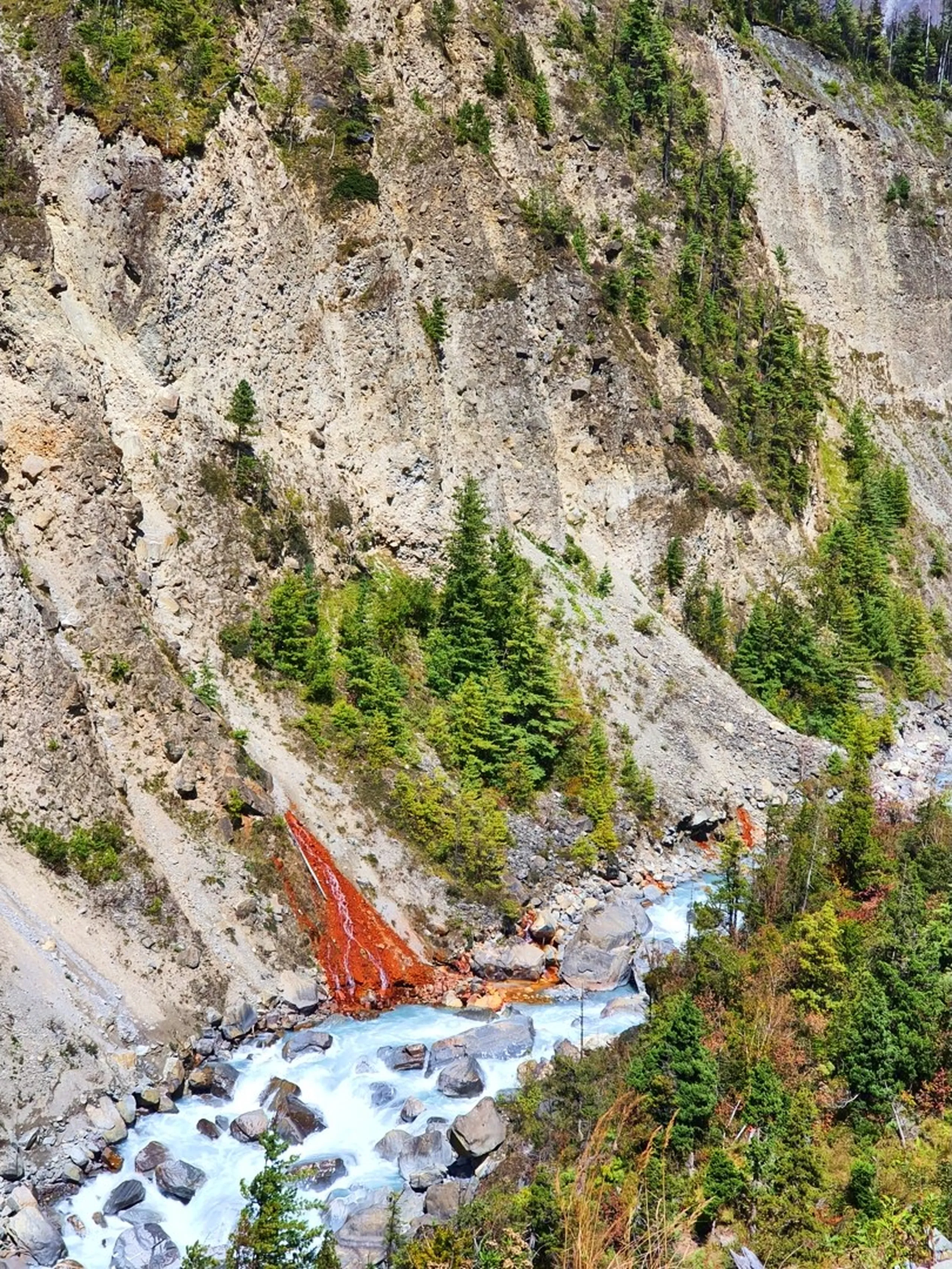 A striking close-up telephoto landscape photograph of a vivid orange-red mineral hot spring seeping down a sandy grey cliff face into the turquoise Marsyangdi River below in Manang, Nepal - the iron-rich orange mineral deposit stains the entire lower cliff face and surrounding boulders a dramatic rust-red, creating a stark visual contrast with the blue-white glacial river rushing over large grey boulders - pine trees cling to the upper cliff - a rare and visually striking geological feature along the Annapurna Circuit trekking trail between Chame and Pisang, Manang - a must-photograph Nepal nature and geology landmark perfect for Annapurna Circuit trail guide and Nepal mineral spring blog content