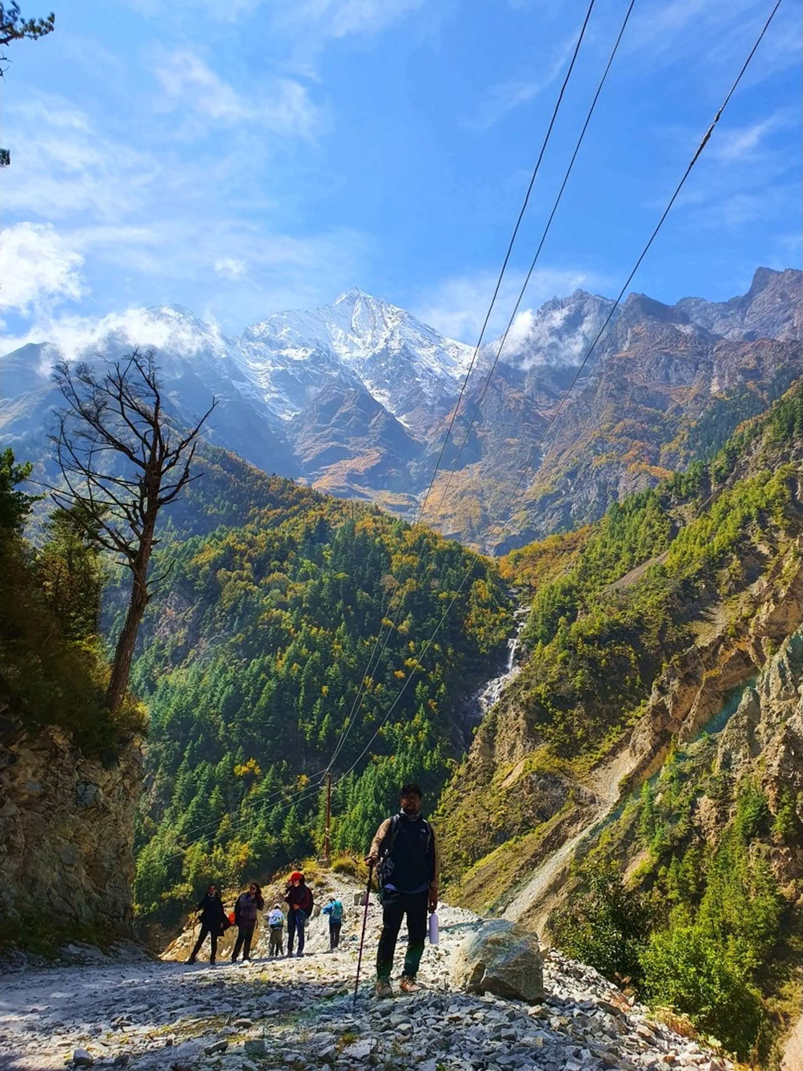 A breathtaking wide-angle trekking trail photograph on the Annapurna Circuit in Manang, Nepal - a lone male trekker with a backpack and trekking pole stands on a rocky open trail in the foreground, looking ahead - several other trekkers visible further down the path - a magnificent snow-capped Himalayan peak dominates the horizon at the end of the valley, surrounded by rolling autumn-gold and green forest slopes - a thin waterfall visible on the right cliff face - a bare dead tree silhouetted dramatically on the left - utility wires and a power pole crossing the frame - a stunning Nepal Himalayan trekking trail perspective photograph on the Annapurna Circuit between Pisang and Manang, ideal for Nepal trekking trail guide and Annapurna mountain scenery blog content