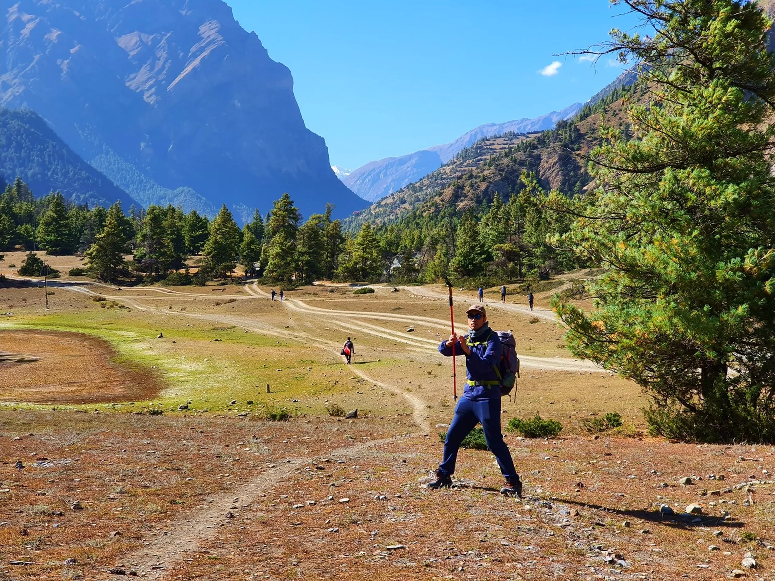 A young male Nepali trekker poses dramatically in the wide-open alpine grassland of Manang, Nepal - wearing a navy blue all-in-one trekking suit, a red cap, and loaded backpack - holding a red trekking pole horizontally like a staff in a playful warrior or golf-swing pose - grinning at the camera - behind him a sweeping Annapurna valley panorama: dry golden meadow, winding sandy jeep tracks, scattered pine trees, distant tiny trekker figures, and towering dark Himalayan cliffs on the far left with snow-capped peaks visible - a bright blue sky - a fun and energetic Nepal trekking personality portrait in the Manang valley, Annapurna Circuit, capturing the playful spirit of group trekking on the way to Ice Lake Nepal