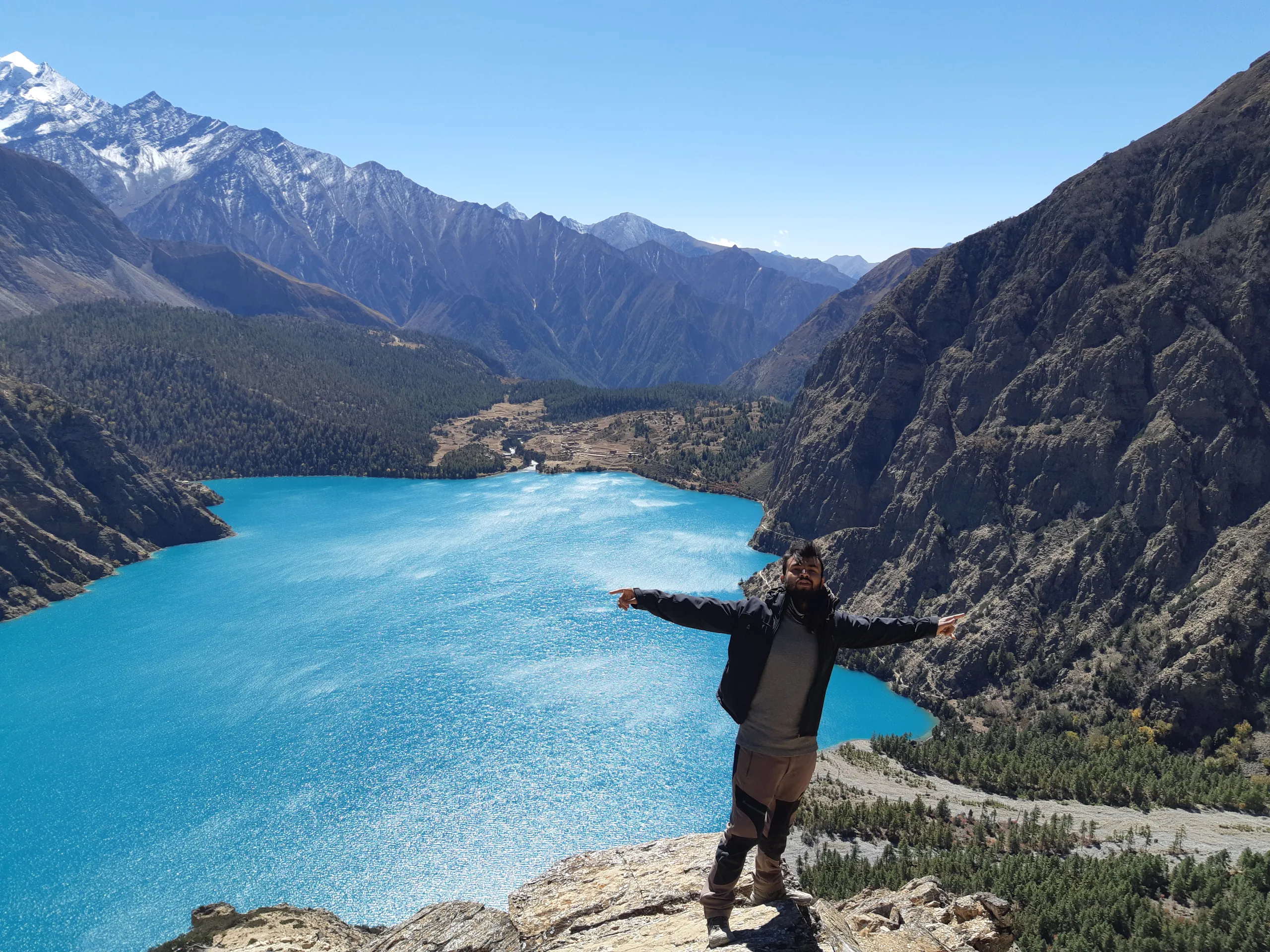Green meadows arid Dolpa landscape contrast