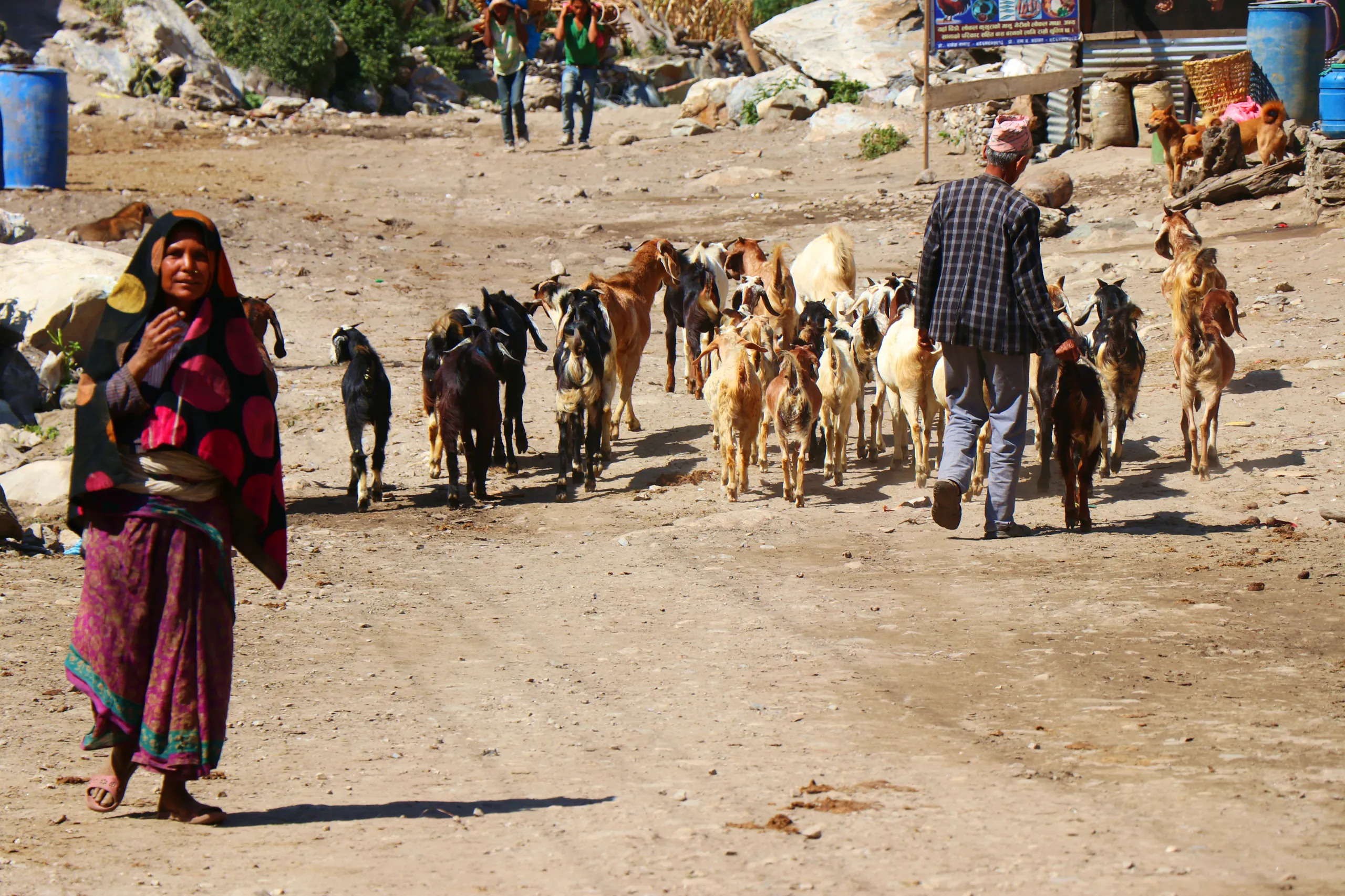 A dusty unpaved road in a remote, arid village setting. On the left stands a woman dressed in a colorful patterned traditional outfit in shades of pink, red, and dark tones, her arms at her sides, looking toward the camera with a calm, weathered expressio