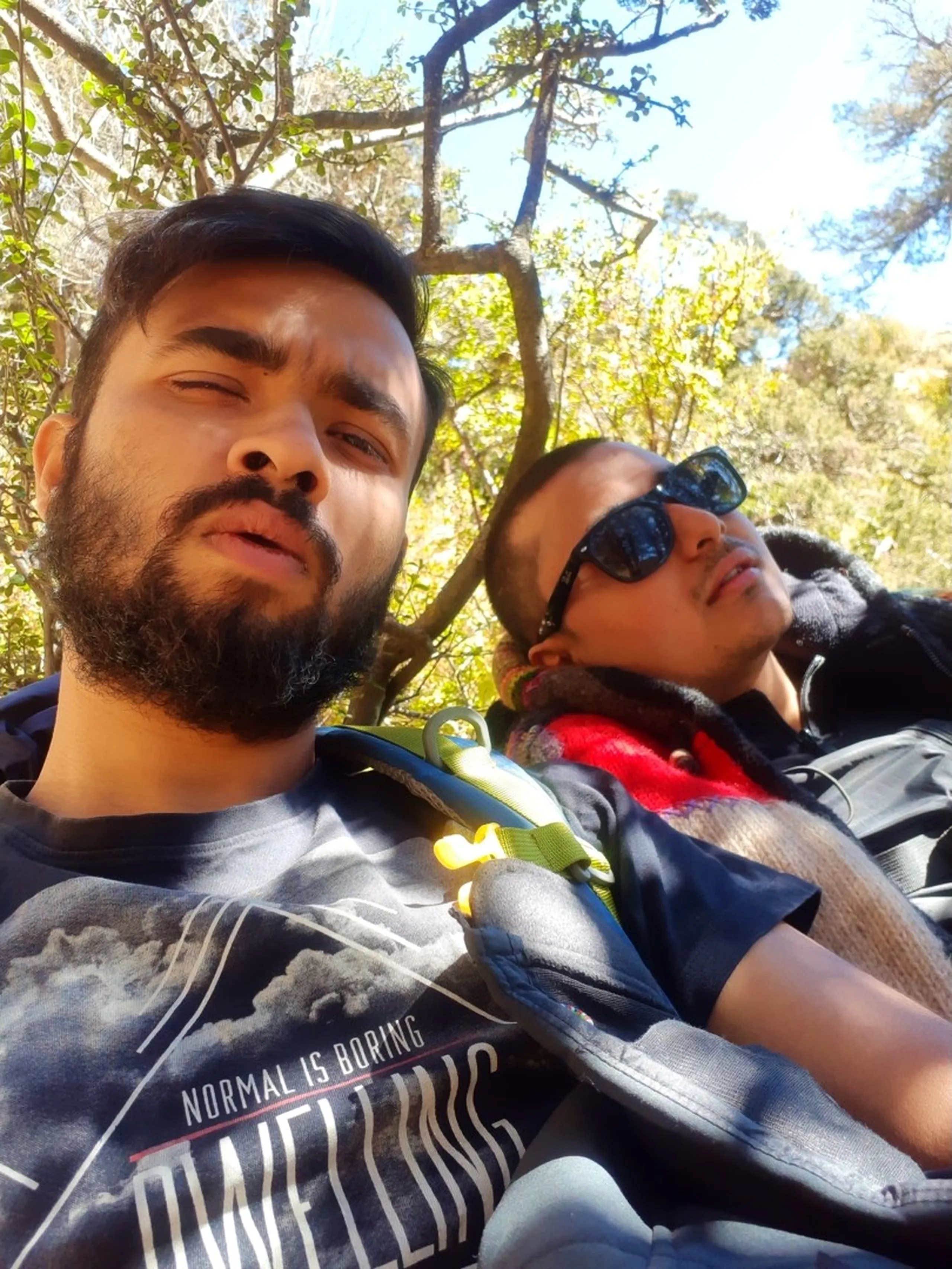 A tired but content trekking selfie taken by a bearded South Asian male trekker in a dark grey graphic t-shirt reading "Normal Is Boring" with a yellow-buckled backpack strap across his chest, making a deliberately drowsy half-lidded expression at the camera while his batch mate beside him - in a dark jacket with a red and white knit scarf - leans back with sunglasses on against the shoulder in an equally exhausted pose, both resting against backpacks under the dappled sunlight filtering through a canopy of bright autumn-tinted deciduous trees with a bright blue sky visible above, captured during the rest stop after the steepest and most grueling climb of the entire Shey Phoksundo trek, steepest climb Shey Phoksundo trek Nepal, exhausted trekkers Nepal Himalaya rest, batch mate trekking selfie Nepal, college friends trek fatigue Nepal, Dolpa tough trail Nepal