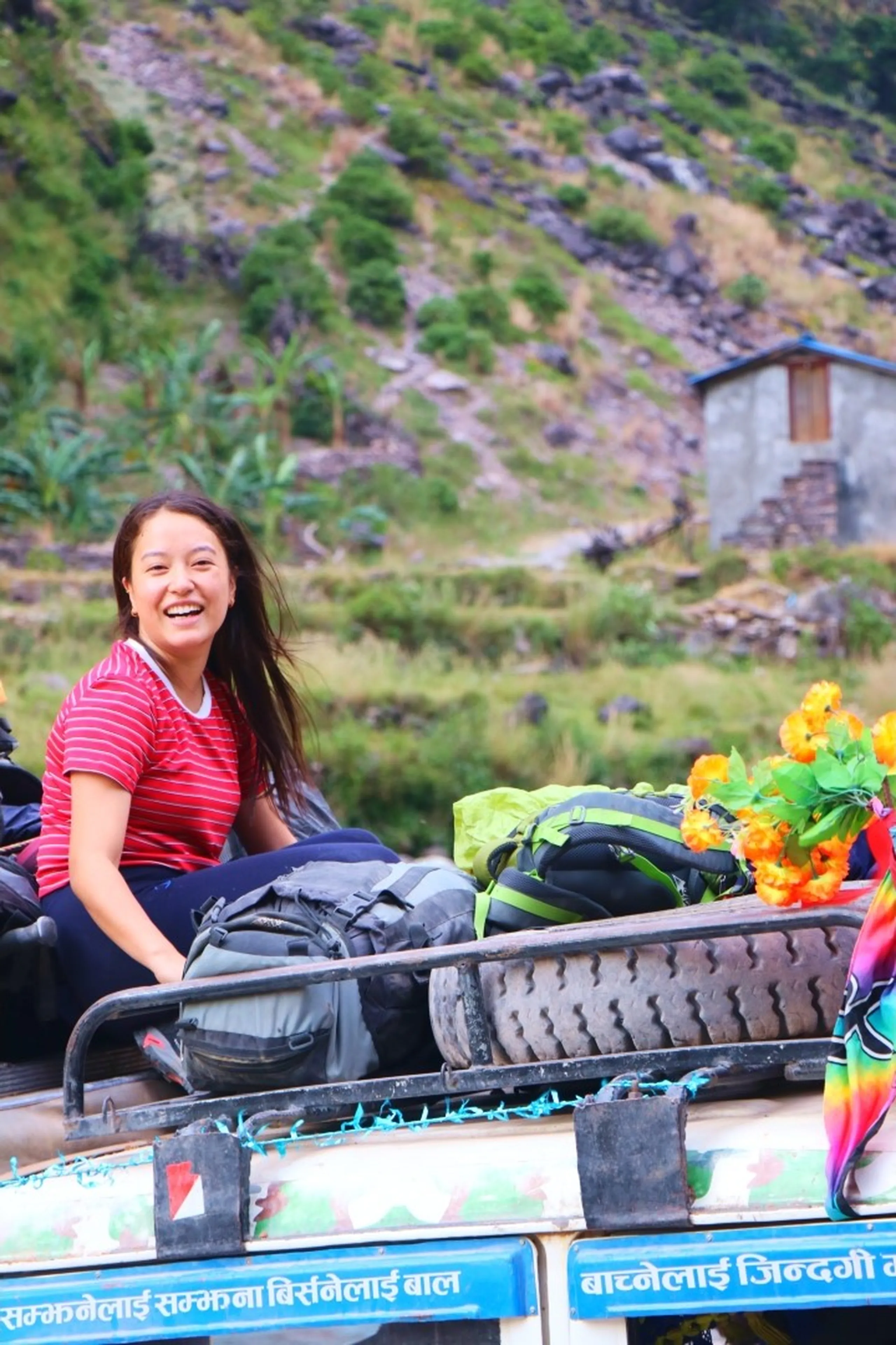 A joyful young South Asian woman with long dark hair laughing and sitting atop the luggage rack of a colorfully decorated Nepali local transport jeep, wearing a red and white striped short-sleeve t-shirt and dark pants, surrounded by trekking backpacks and a bunch of vivid orange marigold flowers tied to the rack, rugged green Himalayan hillside with terraced fields and a small stone building visible in the background, Nepali text on blue jeep signage reads "????????? ???????", female trekker Nepal adventure, women trekking Shey Phoksundo, rooftop jeep ride Nepal Himalaya, college trek Nepal happiness