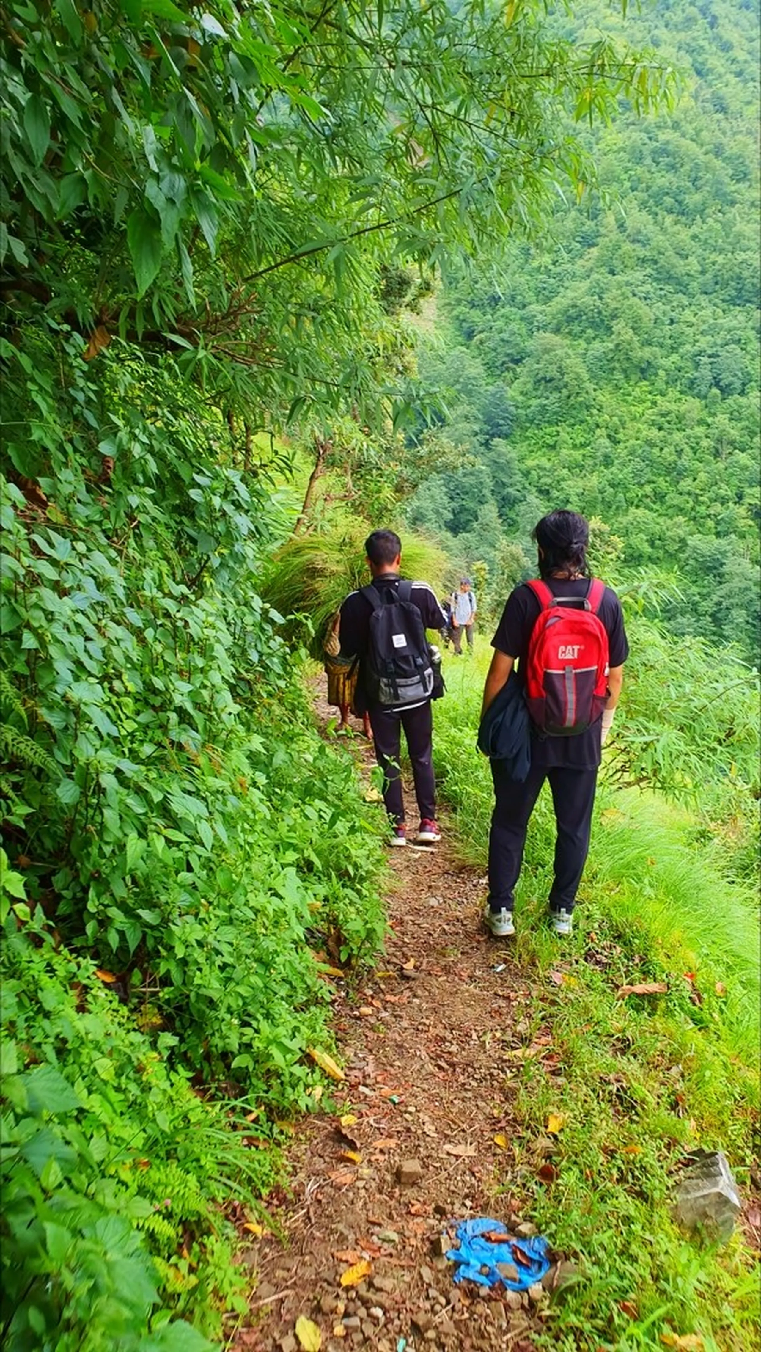 Two trekkers seen from behind walking single file on a narrow dirt trail carved along a steep jungle ridge in Manikhel Lalitpur Nepal; one carries a black backpack, the other a bright red CAT-branded backpack, with overhanging green foliage on the left and an open green valley dropping steeply to the right; a local villager carrying a large bundle of harvested grass visible further ahead - authentic Nepal jungle trekking trail to Simba Waterfall Lalitpur