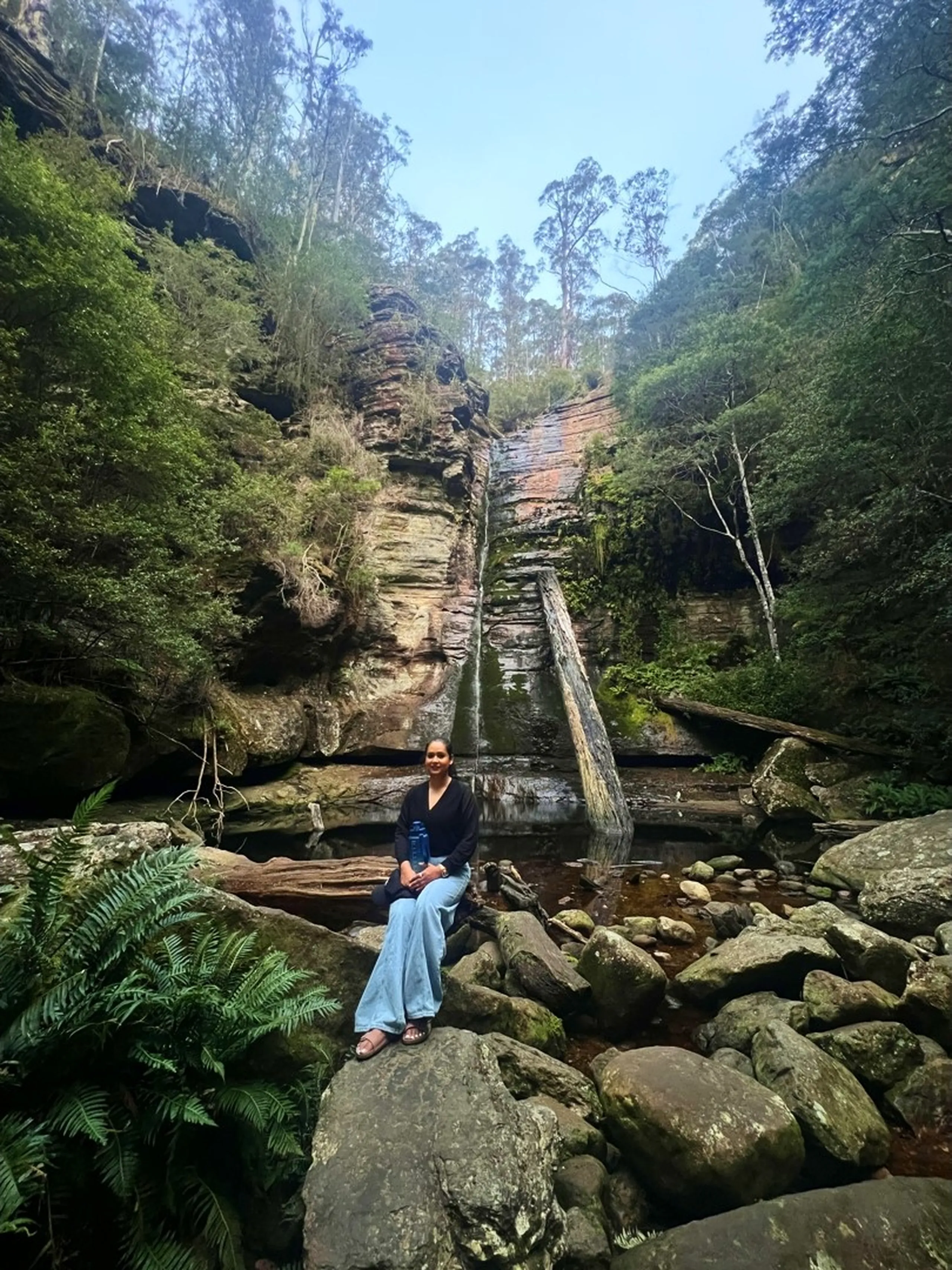 The same woman, now sitting relaxed on a moss-edged flat boulder at the base of the gorge, facing the camera with a serene expression. She holds a blue water bottle in both hands on her lap. The waterfall is fully visible behind her - a long, thin silver stream descending the entire height of the sandstone cliff, bisected by the diagonal fallen log. The gorge walls rise symmetrically on both sides, textured with layers of sandstone in warm orange, tan, and grey. Green tree ferns spread their fronds in the lower left, and eucalyptus trees crowd the top of the gorge against a bright blue sky. The still water pool reflects the cliff softly. The composition feels like a postcard - grand and peaceful.